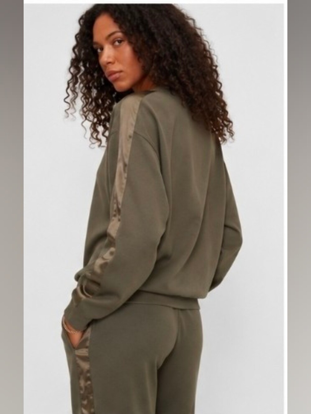Club Monaco Olive Pit Satin Stripe Matching Sweatshirt Jogger Set Size S